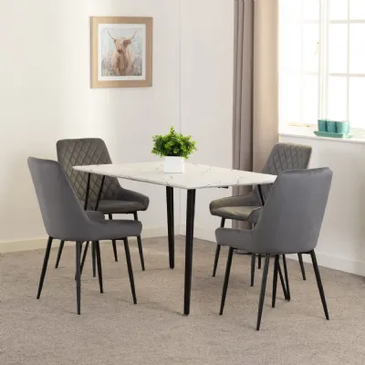 White Marble Dining Table Set with 4 Grey Velvet Chairs