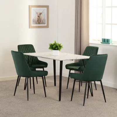 White Marble Dining Table Set with 4 Green Velvet Chairs