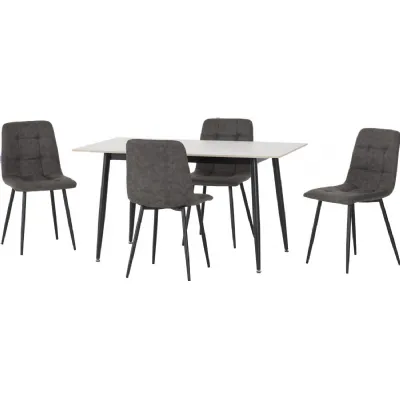Fenton Dining Set (4 Chairs) White Marble Stone Effect Dark Grey Suede Fabric