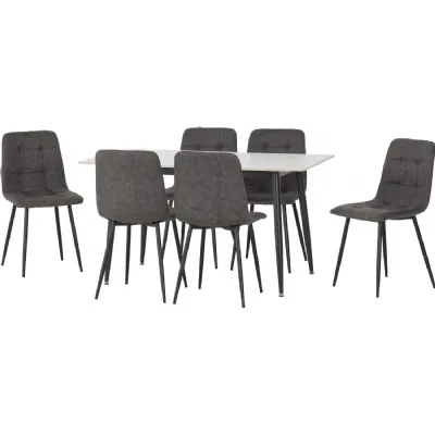 Fenton Dining Set (6 Chairs) White Marble Stone Effect Dark Grey Suede Fabric