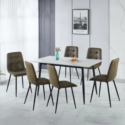 White Marble Effect Dining Table Set 6 Olive Green Chairs