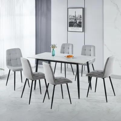 White Marble Top Dining Table Set 6 Light Grey Fabric Chairs