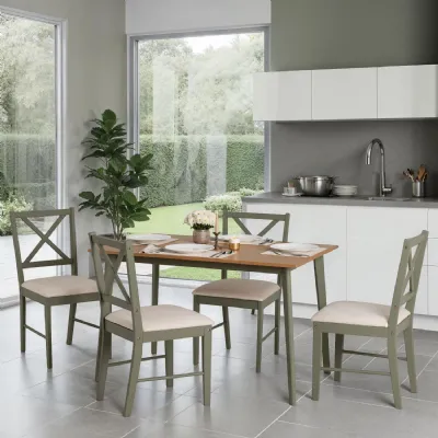 Sage Green Oak Top Dining Table Set 4 Mink Padded Chairs