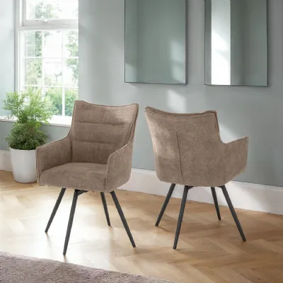 Fawn Fabric Curve Back Swivel Dining Chair Metal Legs