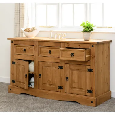 Distressed Waxed Wood 3 Door 3 Drawer Sideboard
