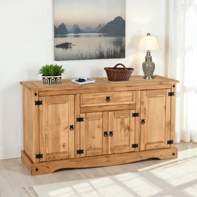 Distressed Waxed Wood 4 Door 1 Drawer Sideboard