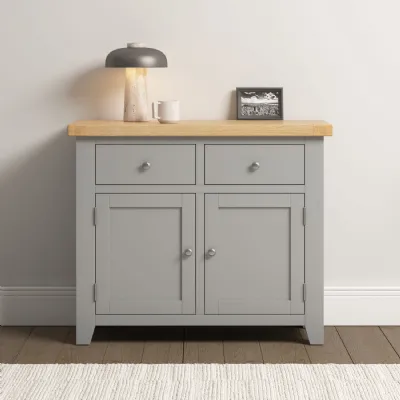 Pebble Grey Wood 2 Door 2 Drawer Small Sideboard Oak Top