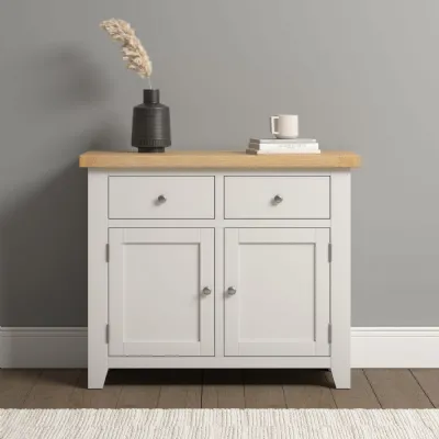 Ivory Texture Wood 2 Door 2 Drawer Small Sideboard Oak Top