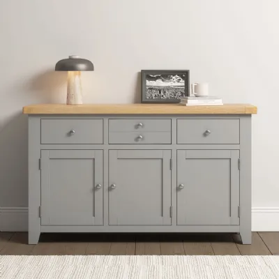 Pebble Grey Wood 3 Door 3 Drawer Sideboard Oak Top