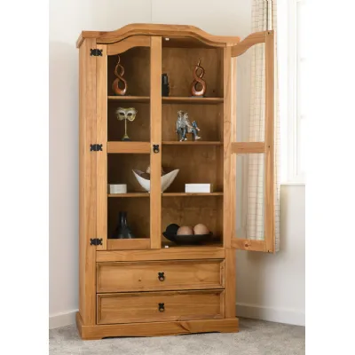 Distressed Waxed Wood 2 Door 2 Drawer Glass Display Unit
