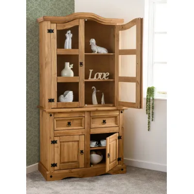 3ft Distressed Waxed Wood Buffet Hutch with Glass Doors