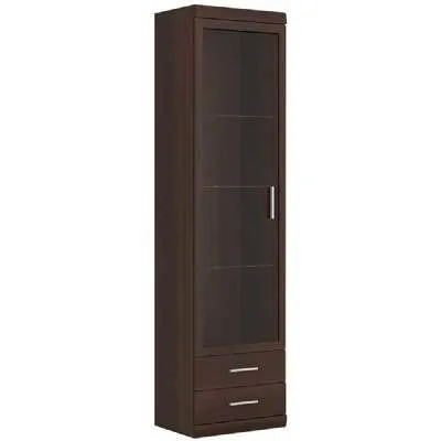 Dark Mahogany Tall Slim Glazed 1 Door 2 Drawer Narrow Display Cabinet