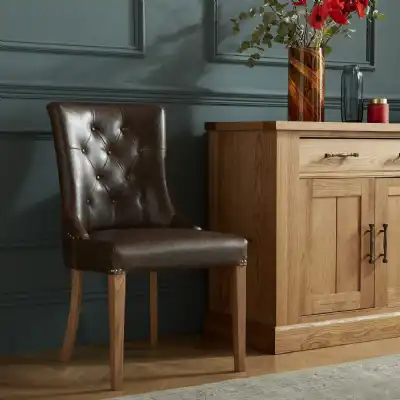 Pair Of Rustic Oak Brown Leather Dining Chairs