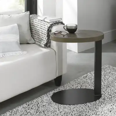 Dark Oak Oval Over Arm Sofa Table Black Metal Base