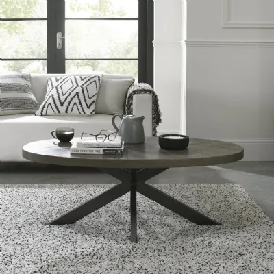 Fumed Dark Oak Wood Large Oval Coffee Table Black Metal Legs