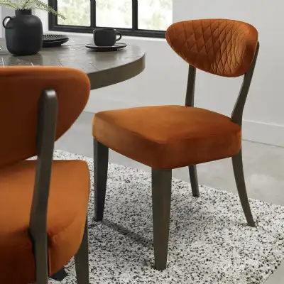 Dark Oak Orange Velvet Fabric Dining Chair Diamond Stitched