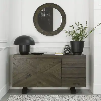 Fumed Dark Oak Wide Sideboard Black Metal Base