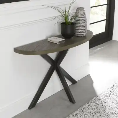 Dark Oak Top Half Circle Console Table Black Metal Legs