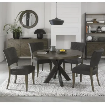 Oak Small Round Dining Set Table x 4 Dark Grey Fabric Chair