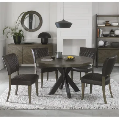 Dark Oak Small Round Dining Table Set 4 Grey Leather Chairs