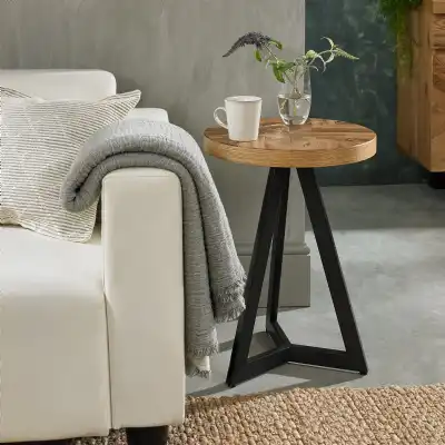 Rustic Oak Top Round Side Lamp Table