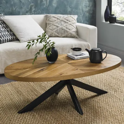 Large Rustic Oak Oval Coffee Table with Black Metal Base