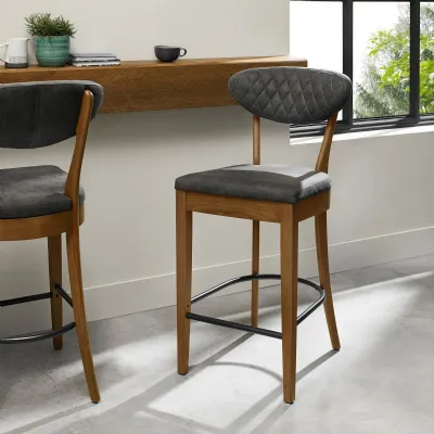 Dark Grey Fabric Rustic Oak Bar Stool