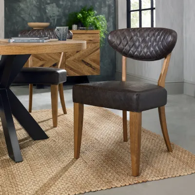 Oak Vintage Brown Leather Diamond Stitched Dining Chair