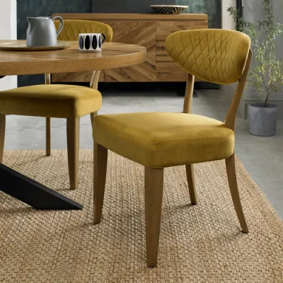 Pair of Rustic Oak Yellow Velvet Fabric Dining Chairs
