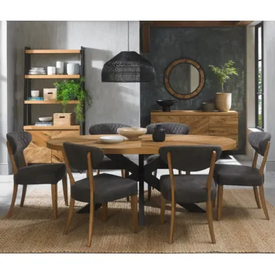 Rustic Oak Oval Dining Table Set 6 Dark Grey Fabric Chairs
