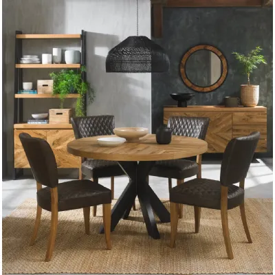 Rustic Oak Round Dining Table Set 4 Grey Leather Chairs