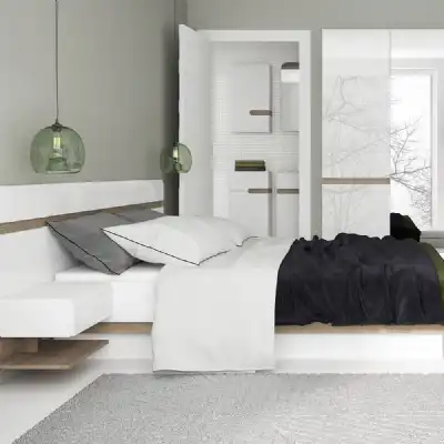 White High Gloss and Oak Bedside Table Extension For Bed