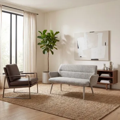 Grey Fabric Dining Bench with Arms and Backrest