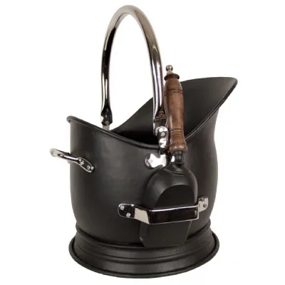 Black Coal Bucket, Scuttle With Shovel Nickel Finish Handles 45cm