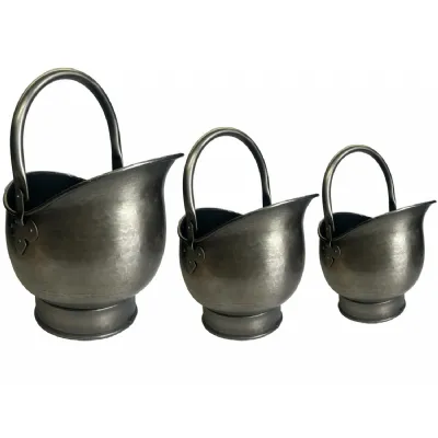 Set of 3 Round Coal Buckets Antique Pewter Finish 44cm