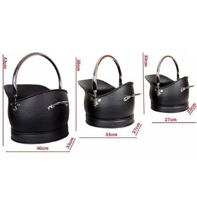 Set Of 3 Classic Scuttles Black With Nickel Handles 43cm