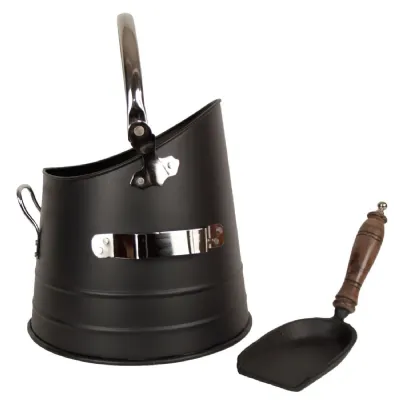 Black Round Bucket, Shovel With Nickel Finish Handles 37cm