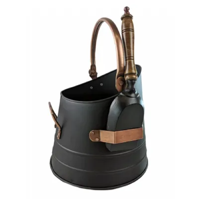 Round Bucket, Scuttle With Shovel Black and Copper 37cm