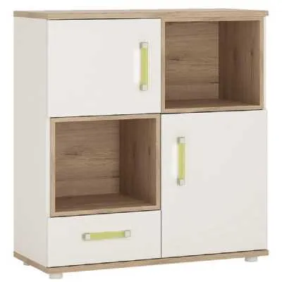 Kids White High Gloss Light Oak Trim 2 Door 1 Drawer Cupboard 2 Open Shelves