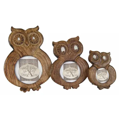 Mango Wood Ollie Owl Design Set Of 3 Photo Frames 27.5cm