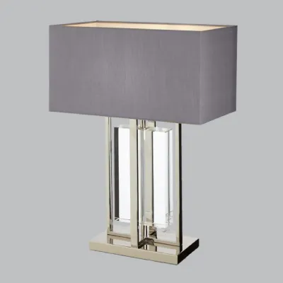 Nickel Metal and Crystal Table Lamp with Grey Shade