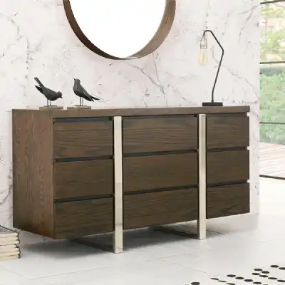 Dark Oak Large 9 Drawer Sideboard Chrome Frame 140cm Wide