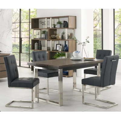 Dark Oak Extending Dining Table Set 4 Black Leather Chairs