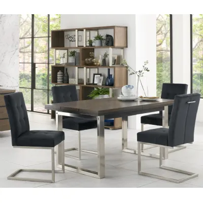 Dark Oak Chrome Extending Dining Set 4 Grey Velvet Chairs
