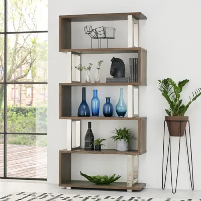 Dark Oak Chrome Open Display Shelving Bookcase