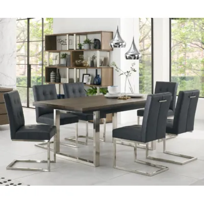 Dark Oak Chrome Extending Dining Set 6 Black Leather Chairs