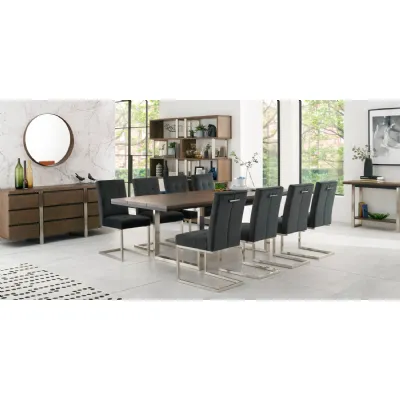 Dark Oak Chrome Extending Dining Set 8 Grey Velvet Chairs