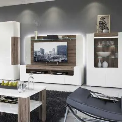 Modern Oak and White High Gloss Extra Wide Low TV Cabinet