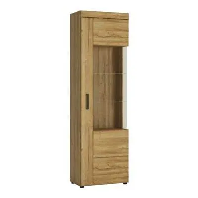 Narrow Tall Oak Finish Glazed Display Cabinet With 5 Shelves Traditional