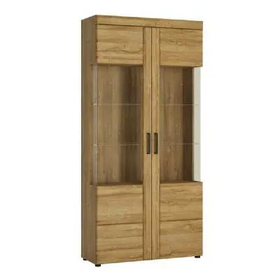 Modern Tall Wide Natural Light Oak Finish 2 Door Glazed Display Cabinet